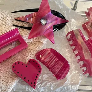 French Elegant Cellulose Acetate Hair Claw Clips For Women Magenta Pink Marble Pattern Rhinestone Star Heart Hair Accessories