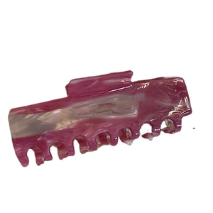 Pink marbled acetate claw clip with France Handmade text on white background