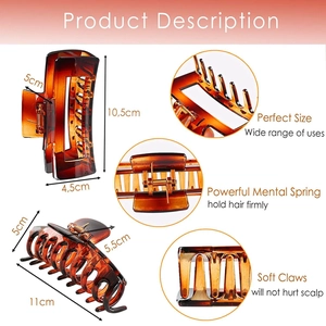 Large amber hair claw clip with strong metal spring and measurements shown in multiple views