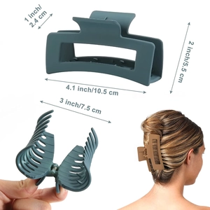 Vues détaillées de grandes pinces à cheveux mates avec dimensions et exemple de coiffure