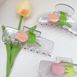 Transparentes Haarklammer-Set mit 3D-Tulpen-Design in Rosa für Damenhaarschmuck