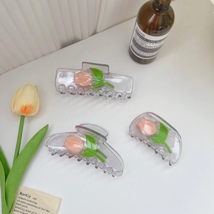 Dreiteiliges Set transparenter Acetat-Haarklammern mit rosa Tulpen-Design für Damen