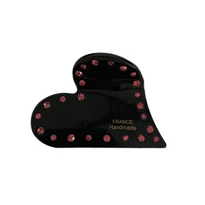 Pinza per capelli a cuore in acetato nero fatta a mano con strass rosa e scritte oro