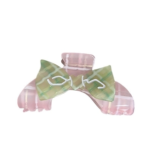 Pink checkered hair claw clip with green bow decoration for women hair styling