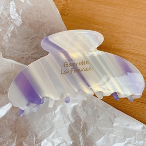 Détail d'une pince à cheveux en acétate violet marbré avec texte doré Barrette La France