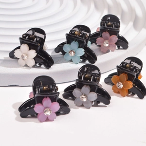 Mini Flower Hair Claw Clips With Rhinestones Sweet Small Floral Hair Claws Colorful Resin Hair Clips For Women Hair Accessories