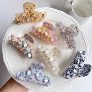 Korean Style Vintage Acetate Flower Hair Claw Rhinestone Embellished Marble Texture Shark Clip Women Fashion Hair Accessory