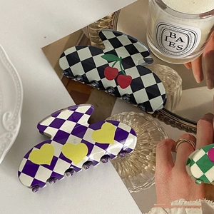 Chic acetate hair claw clips with cherry checkerboard and heart patterns for elegant styling