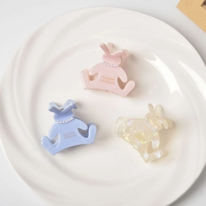 Détails de mignonnes pinces à cheveux lapin en acétate en rose, bleu et blanc nacré