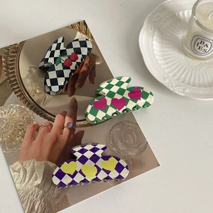 Chic acetate checkered hair claw clips with cherry and heart patterns for elegant updos