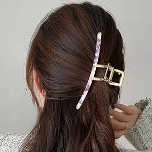 13cm large purple floral acetate hair claw clip with golden metal frame for thick hair