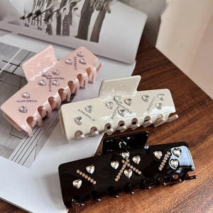Elegant Cellulose Acetate Hair Claw Clip Heart Rhinestone Inlaid French Style Shark Clip Hair Accessory For Women Styling