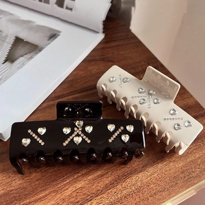 Elegant acetic acid shark hair clips with diamond heart pattern in black and beige tones