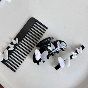 French vintage 3-piece hair accessories set with black acetate and white butterfly crystal detail