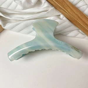 Détail de la pince à cheveux en acétate marbré bleu clair avec gravure Barrette La France