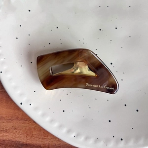 Detail of acetate amber shark hair clip with Barrette La France gold engraving