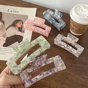 Elegant Acetate Square Hair Claw Clip For Women Large Marbled Pattern Shark Clip With Rhinestone French Style Hair Accessories