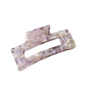 Square acetate hair claw clip with lavender marble texture and crystal rhinestones