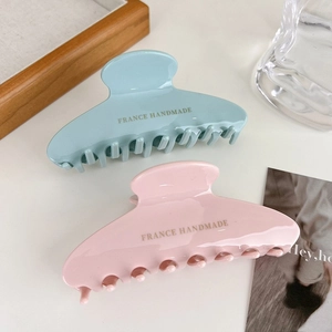 Large acetate hair claws in cream pastel pink and blue with France handmade gold lettering