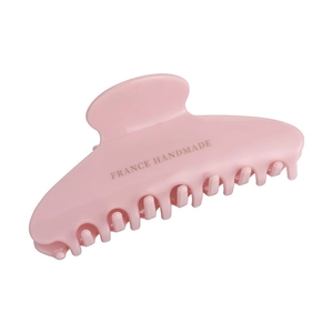 Pink glossy acetate hair claw clip with gold France Handmade lettering on white background