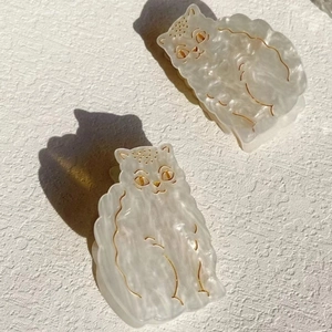 Pince à Cheveux Cloc en Acétate Forme de Chat Mignon Blanc Perlé avec Lignes Dorées Accessoires de Coiffure pour Femmes Filles