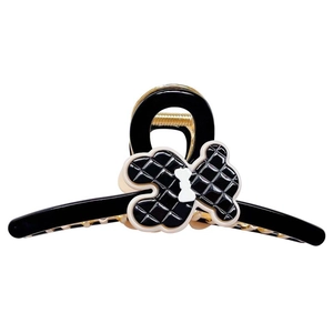 Cute black bear hair claw clip with diamond pattern and gold spring for women