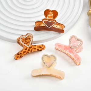 Pince à Cheveux en Acétate Cœur avec Strass pour Femmes Motif Léopard Marbre Petite Pince Requin Accessoire de Coiffure à la Mode