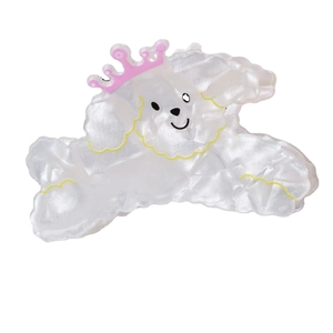 Pince à cheveux petit chien blanc avec couronne rose, accessoire en acétate nacré
