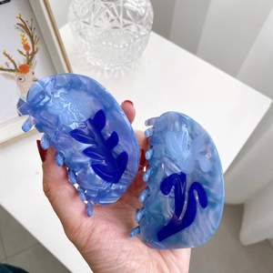 Pince à Cheveux en Acétate Floral pour Femmes Marbre Bleu Semi-circulaire Grande Pince à Cheveux Élégante Style Coréen