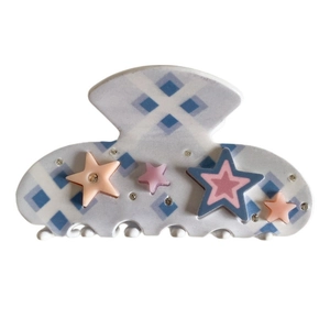 Pinza per capelli in acetato celeste a quadretti con stelle colorate di strass