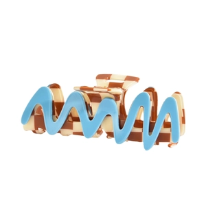 Brown checkered hair claw clip with blue 3D wavy pattern for secure hair styling