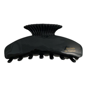 Glossy black large scallop hair claw clip with golden France lettering for hair styling