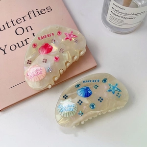 Dreamy Shell Pattern Acetate Hair Claw Clip With Rhinestone Artificial Pearl Starfish Design Summer Ocean Style Hair Accessories For Women