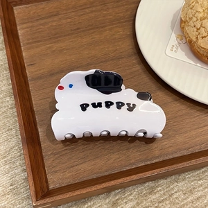 Pince à cheveux mignonne en acétate motif chien blanc à pois noirs pour coiffure femme