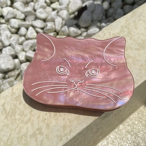Pink pearlescent acetate cat hair claw clip with marble texture shown outdoors