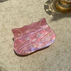 Macro detail of a pink pearlescent cat hair claw clip made from acetate material