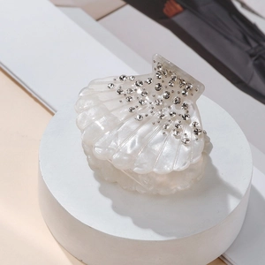 Elegant Artificial Pearl White Shell Hair Claw Clip For Women Shiny Rhinestone Acetate Hair Accessory For Daily Party Dating Fashion