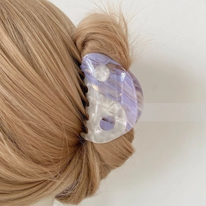 Purple and pearl white marbled acetate shark hair clip with Tai Chi Yin Yang design