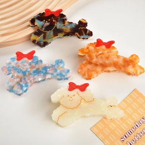 Vintage acetate poodle hair claws set with red bows in four stylish marble patterns