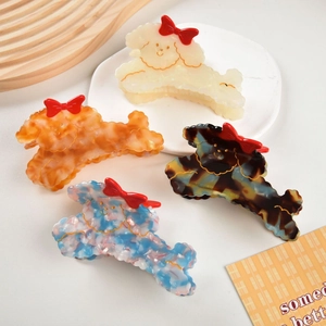 Retro Acetate Hair Claw Clip Cute Poodle Dog Shape With Red Bow Large Shark Clip For Women Girls Hair Accessories