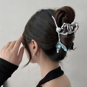Meerjungfrauenschwanz Metall Haarklammer Mit Kunstperle Legierung Silber Blau Emaille Shark Clip Große Haarklemme Für Damen