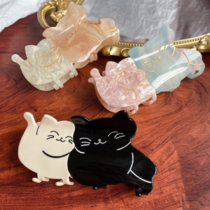 Cute Cat Shaped Acetate Hair Claw Clip For Women Marble Pattern Splicing Design Shark Clip Fashion Hair Accessories