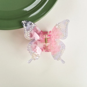 Pink and purple butterfly hair claw clip with faux pearls and acetate finish for women