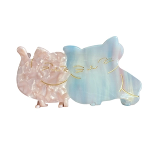 Cute acetate cat hair claw clip with pink and blue marble pattern and gold engraving