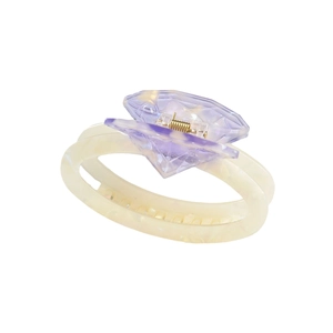 Elegant marble cream and purple diamond-shaped hair claw clip with gold metal spring