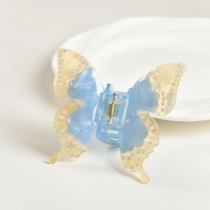 Elegant acetate butterfly hair claw clip with aurora blue and yellow拼接 design