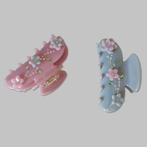 Floral acetate hair claw clips with rhinestones in light pink and grey blue set