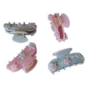 Morandi floral acetate claw clips with rhinestones and metal spring in blue and pink