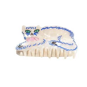 Pince à cheveux chat persan mignon en acétate blanc crème avec nœud rose et bleu