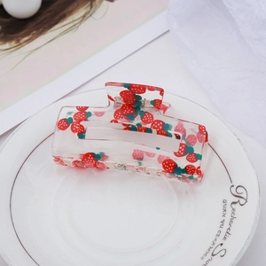 Large transparent acrylic hair claw clip with red strawberry patterns for women